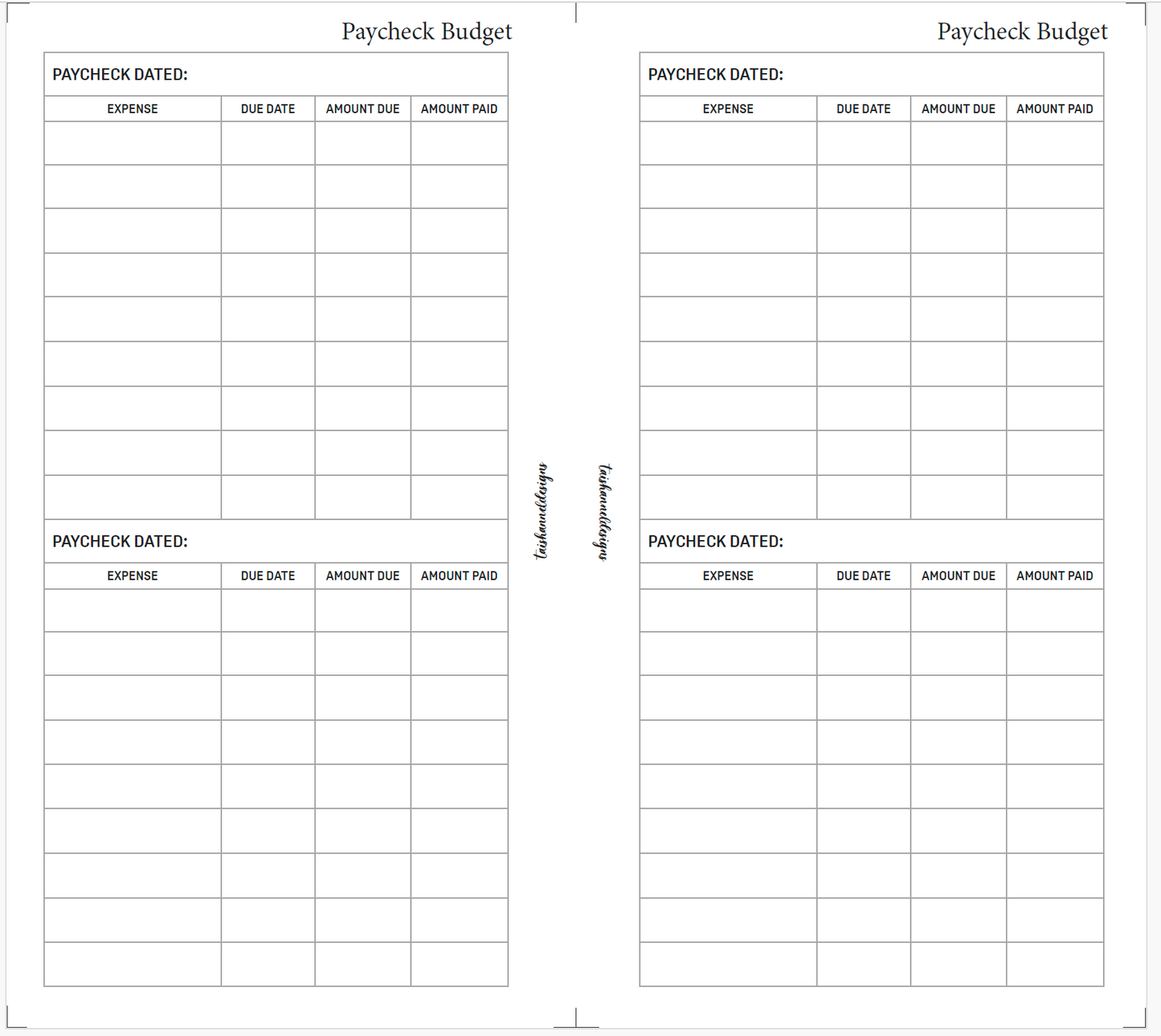 Printable Paycheck Budget Insert - Personal Sized Rings [114-01/02]