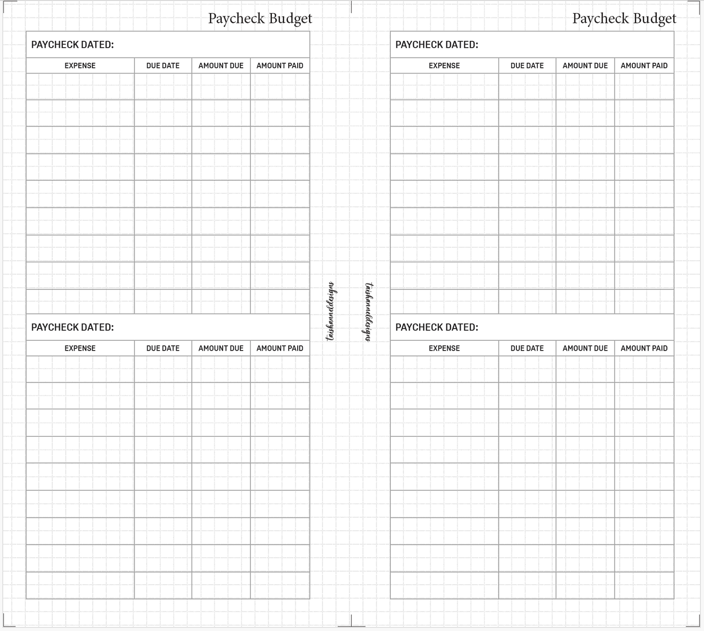 Printable Paycheck Budget Insert - Personal Sized Rings [114-01/02]